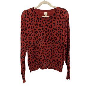 Roan + Ryan Sweater Size Large Leopard Skull Print Crewneck Red Orange Knitwear